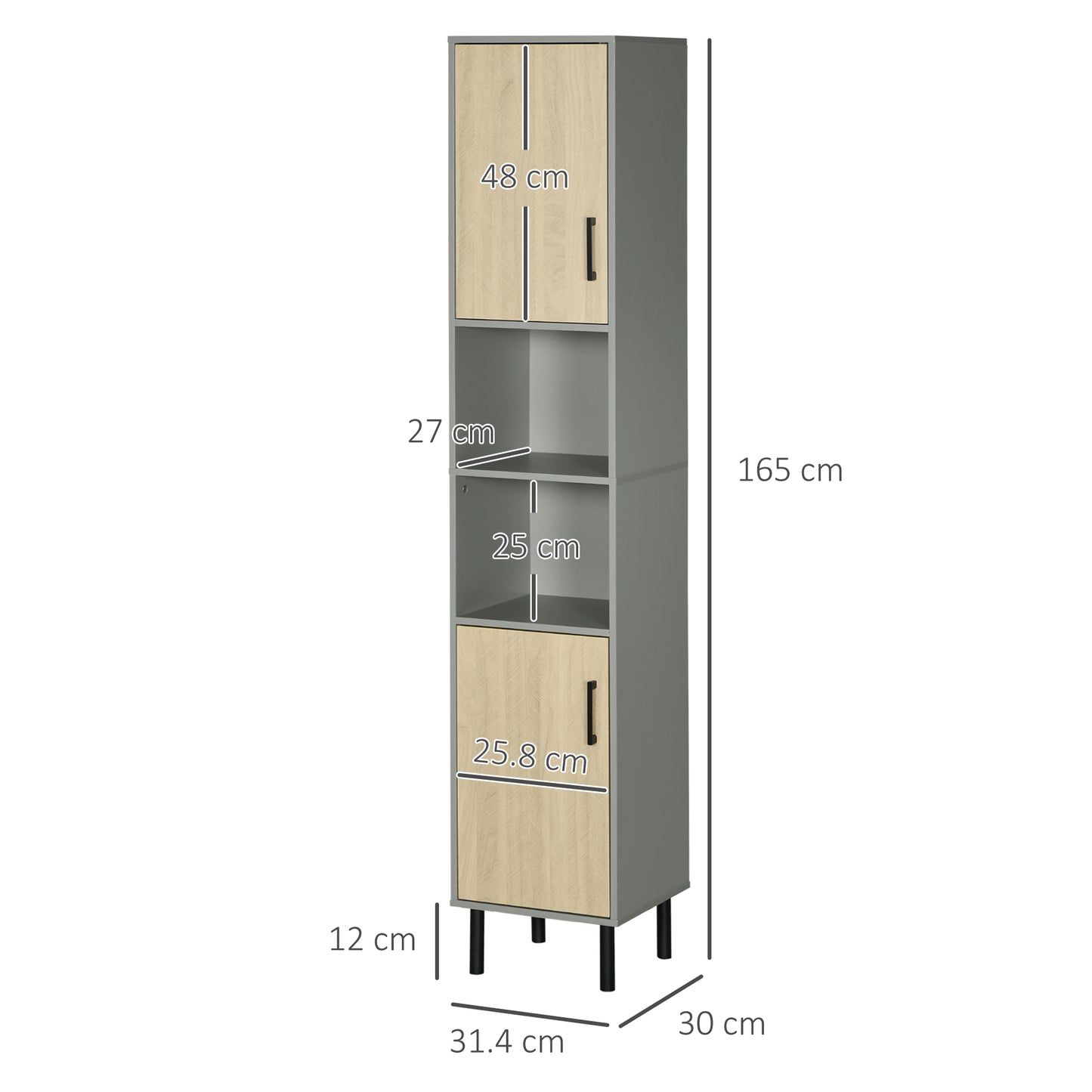 Kleankin Free Standing Bathroom Cabinets, Tall Bathroom Cabinet with Door and Adjustable Shelves, 31.4x30x165cm