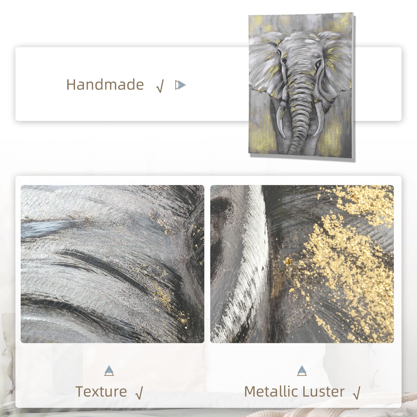 Hand-Painted Metal Canvas Wall Art Grey African Elephant, Wall Pictures for Living Room Bedroom Decor, 100 x 80 cm