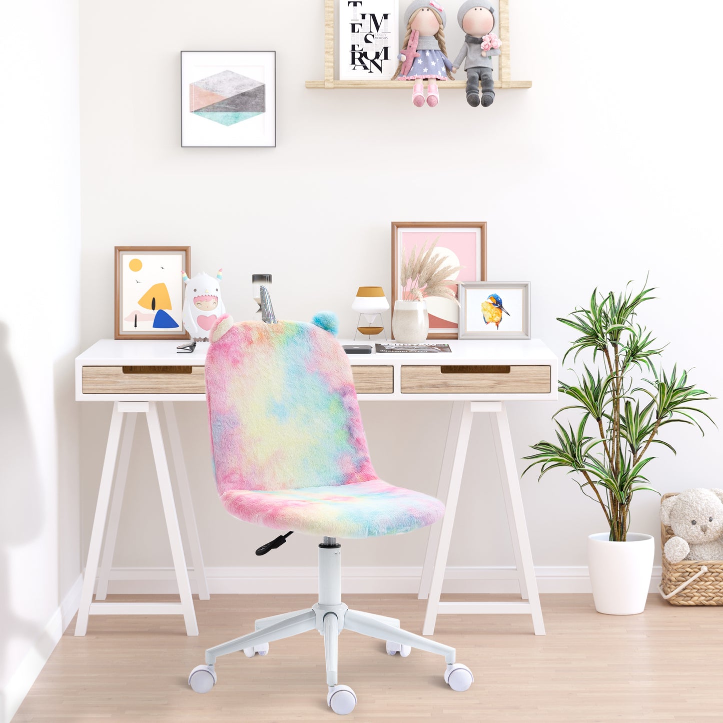 Fluffy Unicorn Office Chair | Armless Mid Back | Swivel | Sponge Padded Velvet | Adjustable Height 88-98cm | 5 Wheels | 120kg | Rainbow Multi-Colour