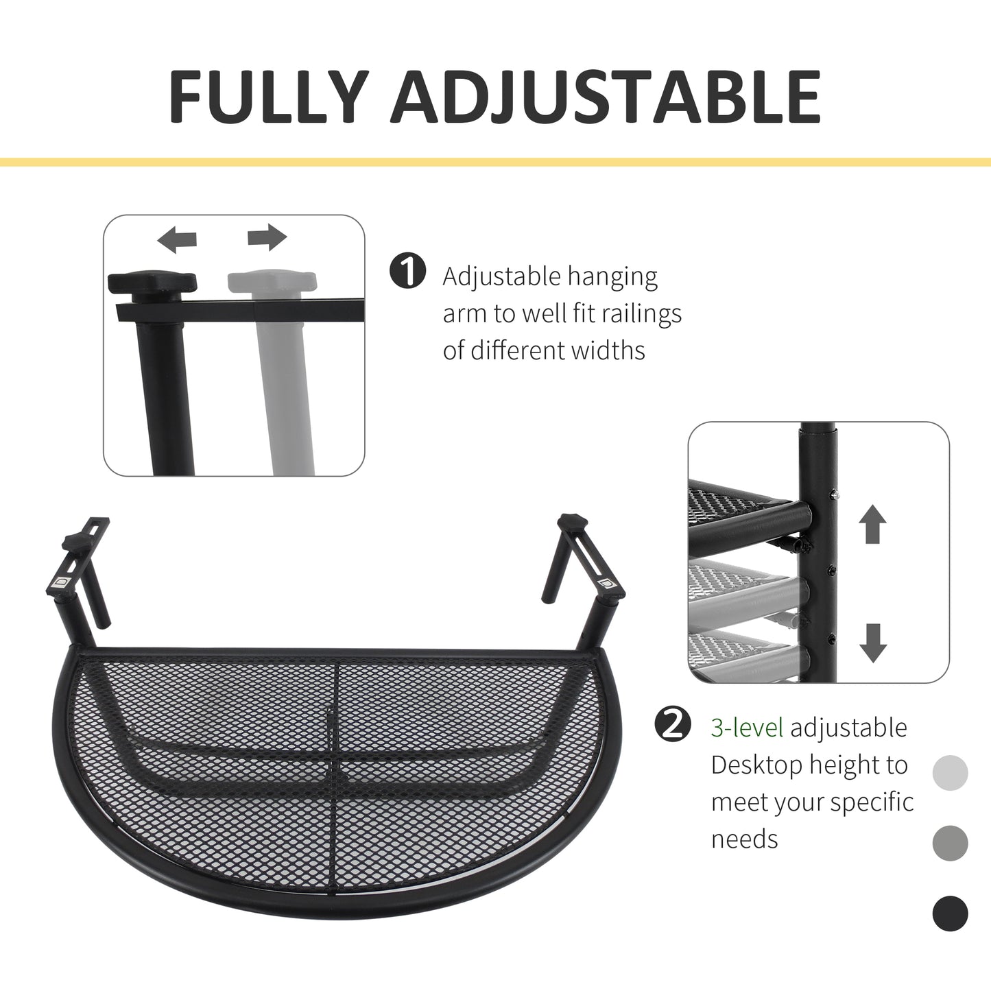 Outsunny Semi-Circular Attachable Balcony Hanging Coffee Table Adjustable Side Metal Table