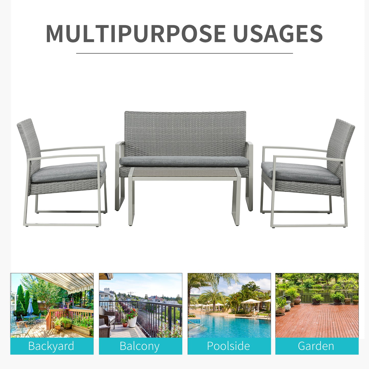 Outsunny 4 Piece PE Rattan Wicker Sofa Set Outdoor Conservatory Furniture Lawn Patio Coffee Table w/ Cushion, Grey