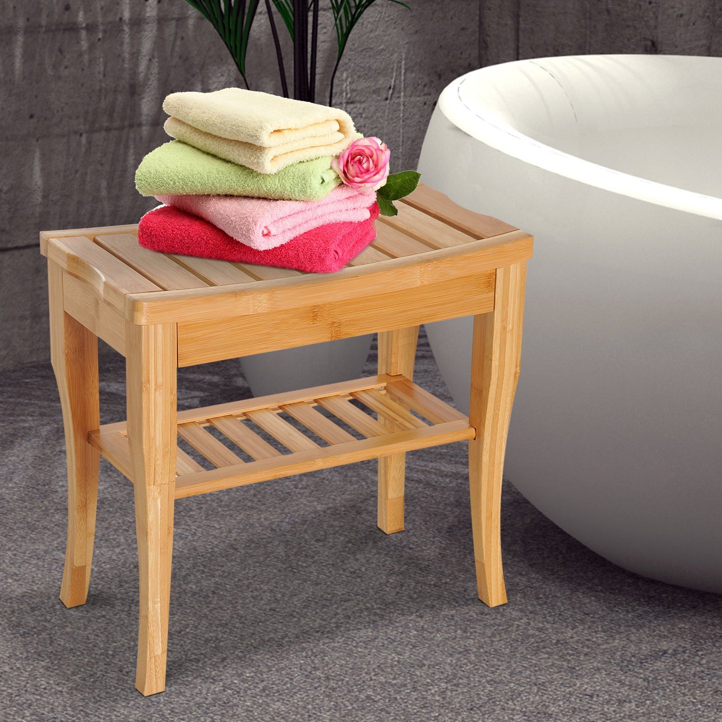 Natural Wooden Bamboo Bathroom Shower Bench w/ Lower Shelf