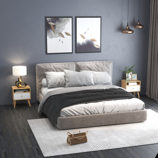 Set Of 2 Bedside Table, Bedside Cabinet with Drawer and Shelf, Modern Nightstand, End Table for Living Room, Bedroom, Natural