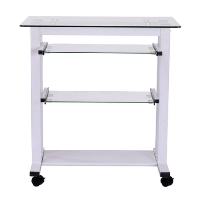 Computer Desk Glass Table Workstation Laptop pc desk mobile with wheels White