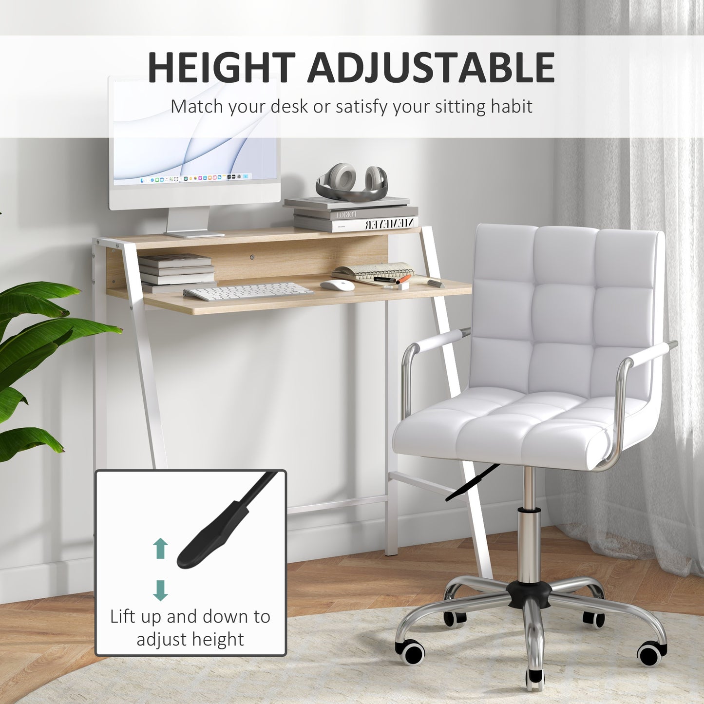 Home Office Chair and Computer Desk Set, Faux Leather Desk Chair with Swivel Wheels, Study Desk with Storage Shelf, White