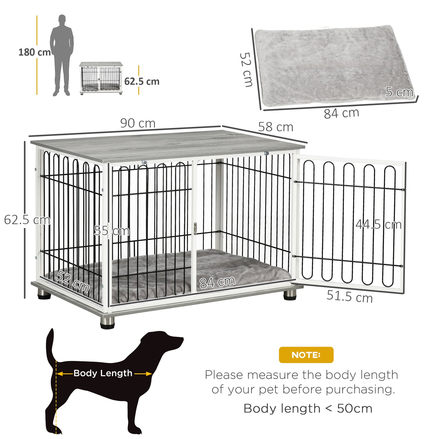 Dog Crate Furniture Side Table | Washable Cushion | Lockable Door | Steel Wire Ventilation | Small & Medium Dogs up to 20kg | 90 x 58 x 62.5cm | Graphite