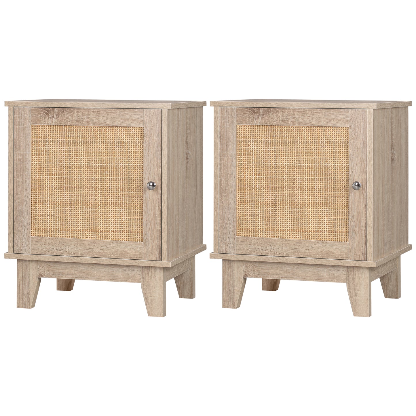 Set Of 2 Bedside Table, Bedside Cabinet with Storage Cupboard, Side End Table with Rattan Element for Living Room, Bedroom, Natural
