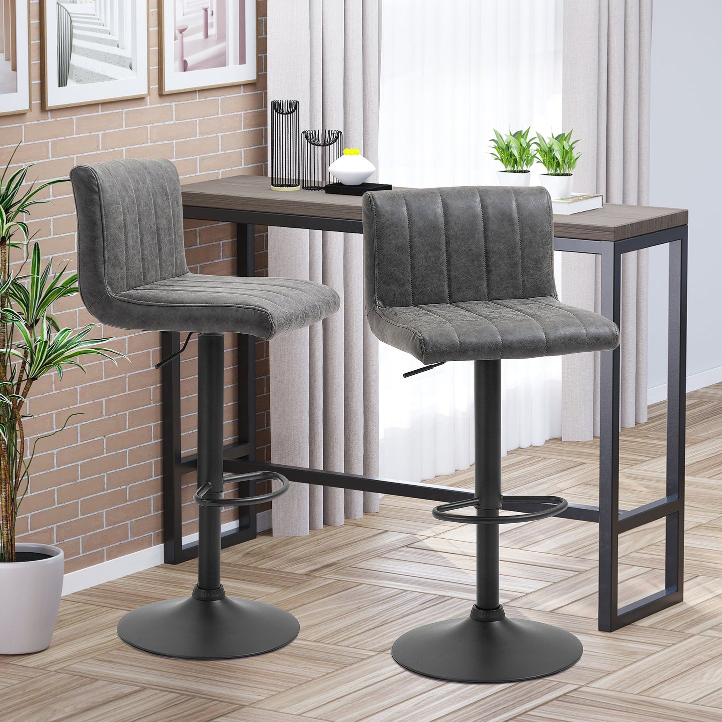 Barstools Set of 2 Adjustable Height Swivel Gas Lift PU Leather Counter Bar Chairs with Footrest, Grey