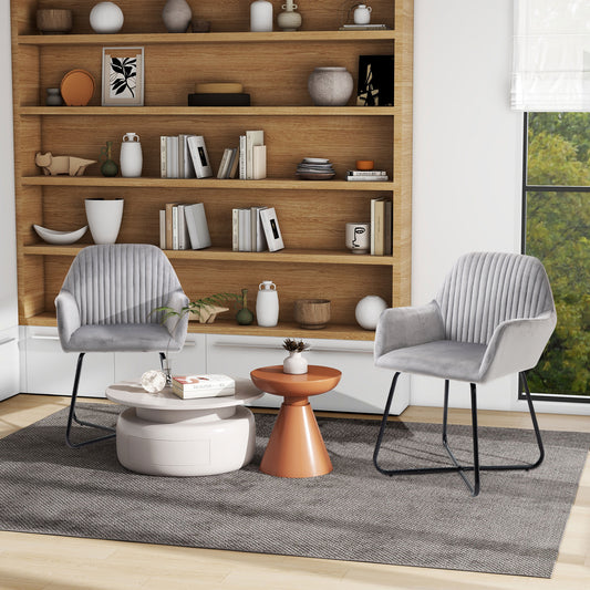 Modern Accent Chair, Velvet-Feel Fabric Upholstered Armchair with Metal Base for Living Room, Set of 2, Grey