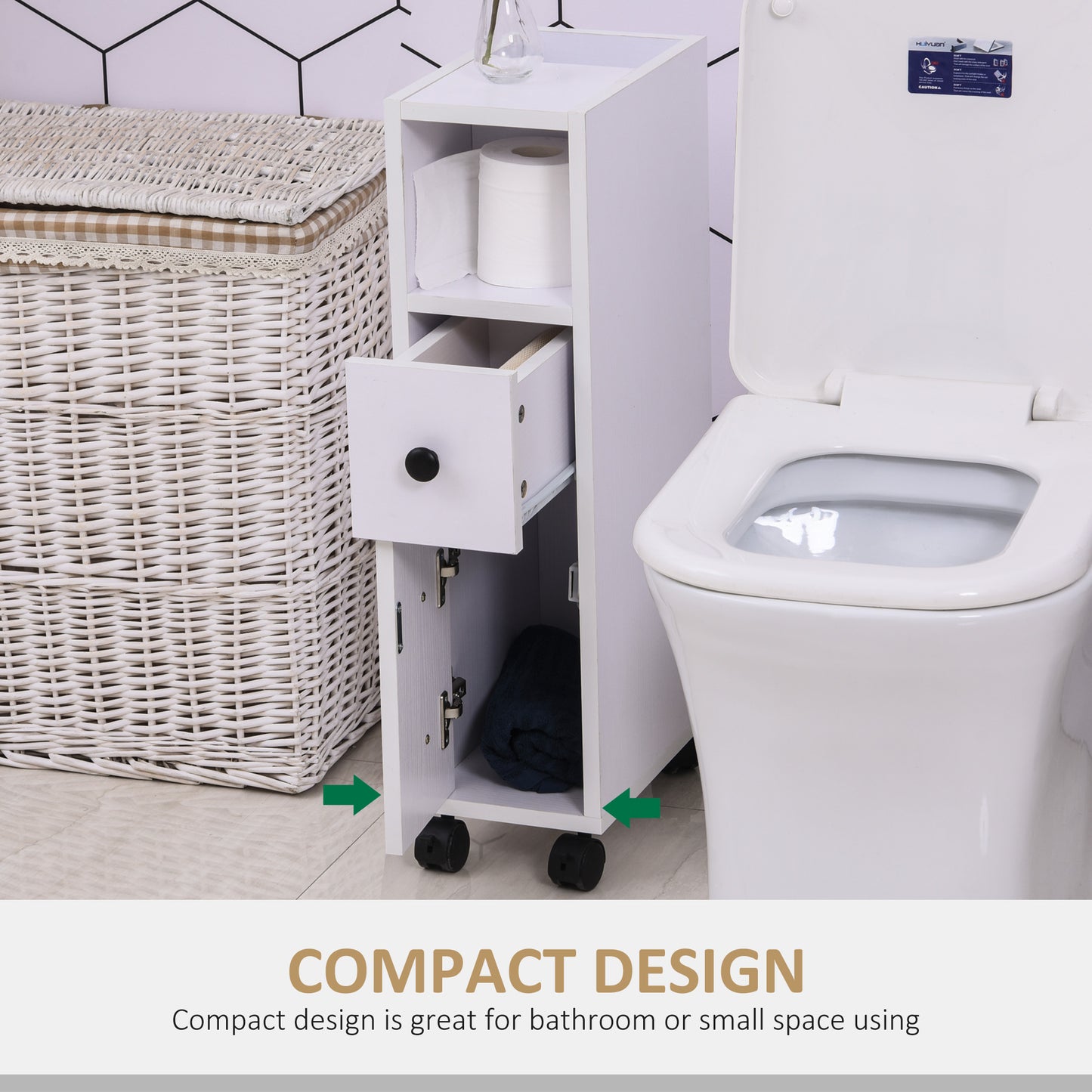 Kleankin Slimline Bathroom Storage Unit w/ 2 Drawers 2 Open Compartments Wheels Handles Freestanding Compact Home Office Furniture White