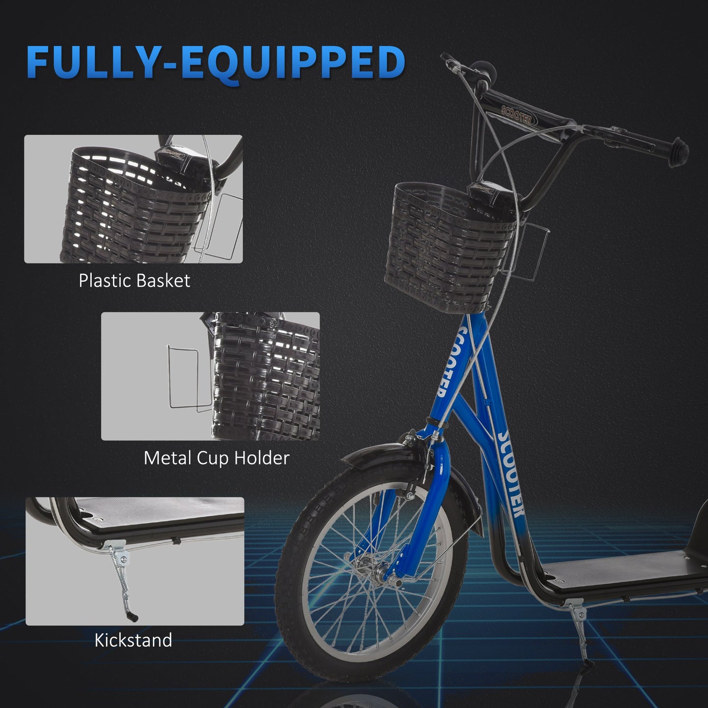 Kids Kick Scooter Teen Ride On Children Scooter with Adjustable Handlebar 2 Brakes Basket Cupholder Mudguard 16" Inflatable Rubber Tyres Blue