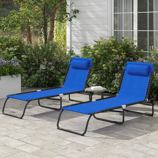 Outsunny Set Of 2 Folding Sun Lounger Beach Chaise Chair Garden Cot Camping Recliner with 4 Position Adjustable Blue