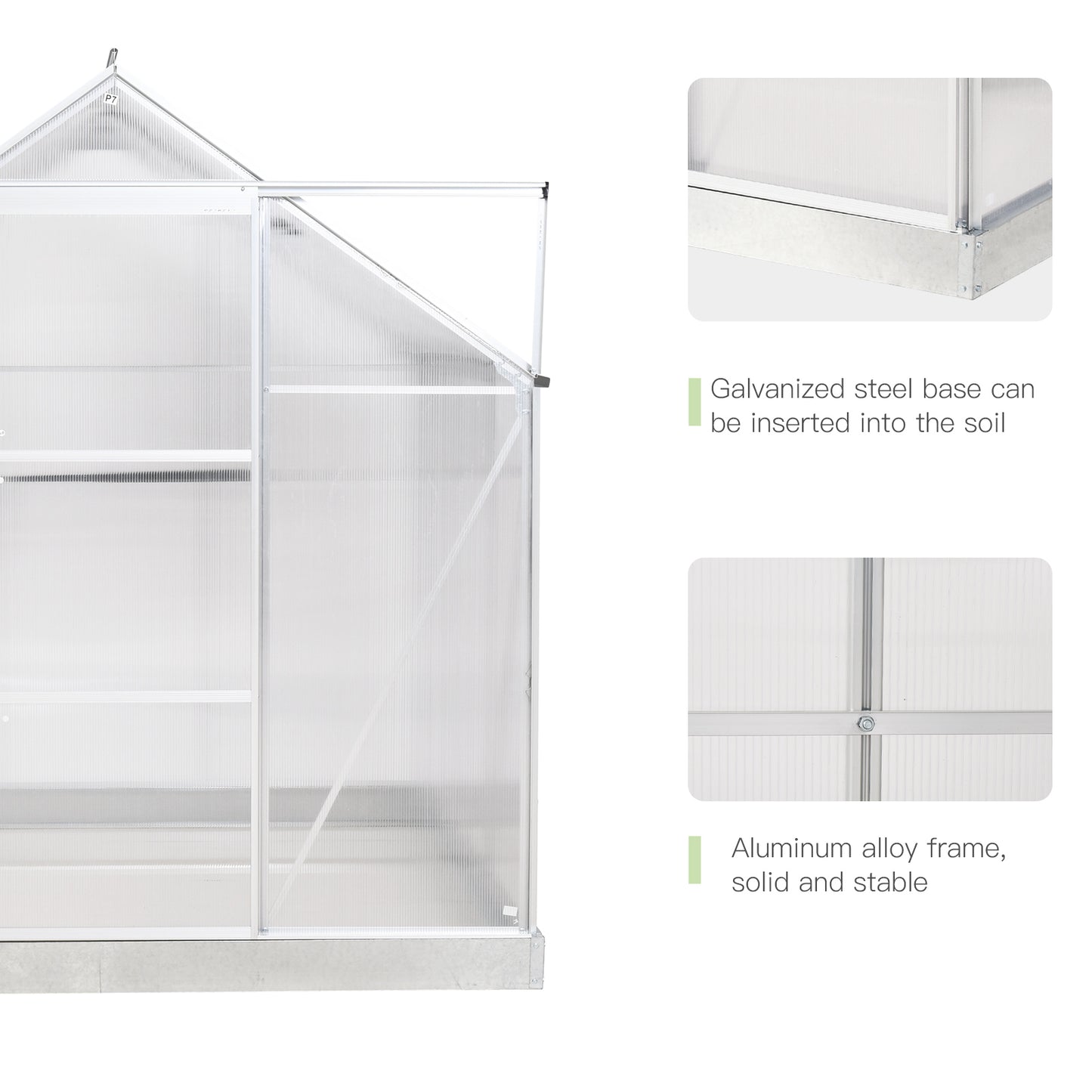 Outsunny 6 x 6 ft Walk-In Greenhouse Polycarbonate Greenhouse Grow House w/ Aluminium Frame, Sliding Door, Adjustable Window
