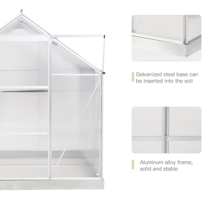 Outsunny 6 x 6 ft Walk-In Greenhouse Polycarbonate Greenhouse Grow House w/ Aluminium Frame, Sliding Door, Adjustable Window