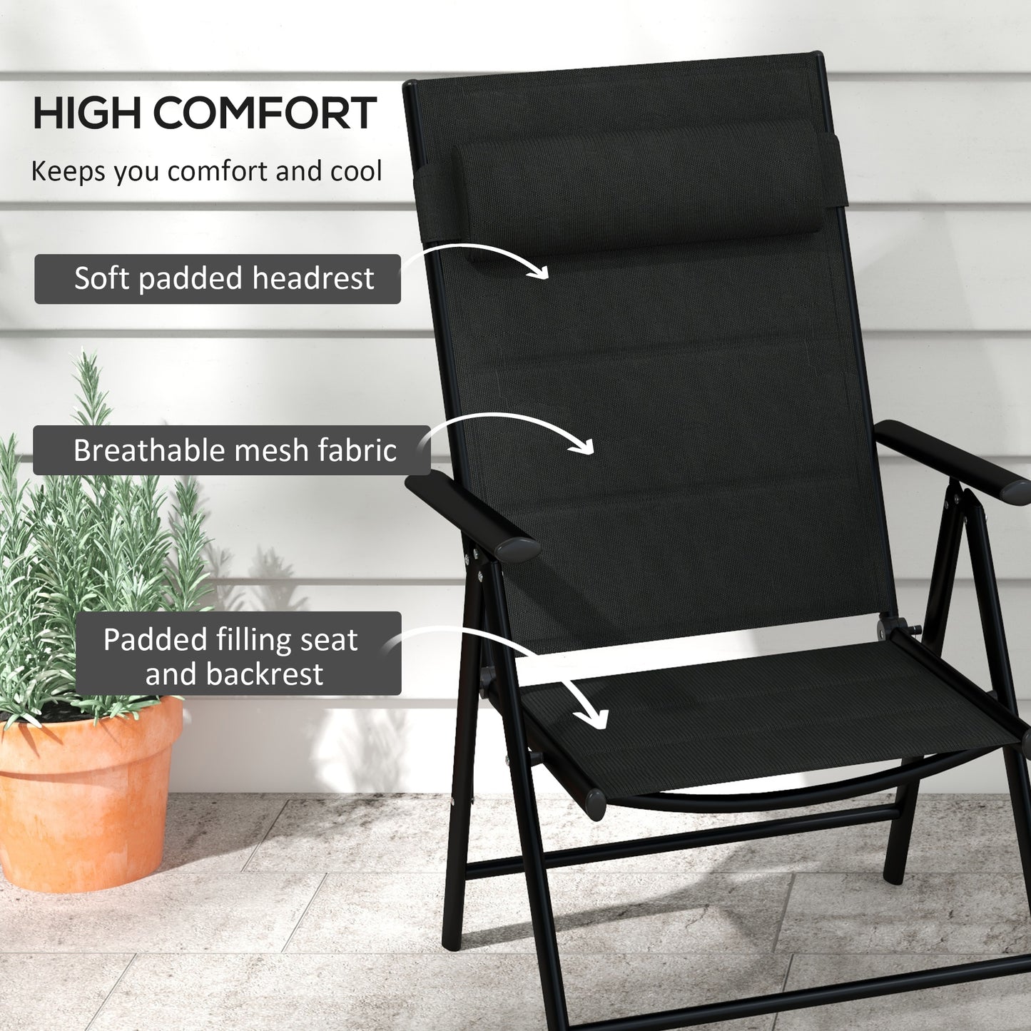 Set of 2 Patio Reclining Folding Aluminium Dining Camping Chairs With Breathable Mesh Fabric Padded Seat And Backrest, Headrest -  Black
