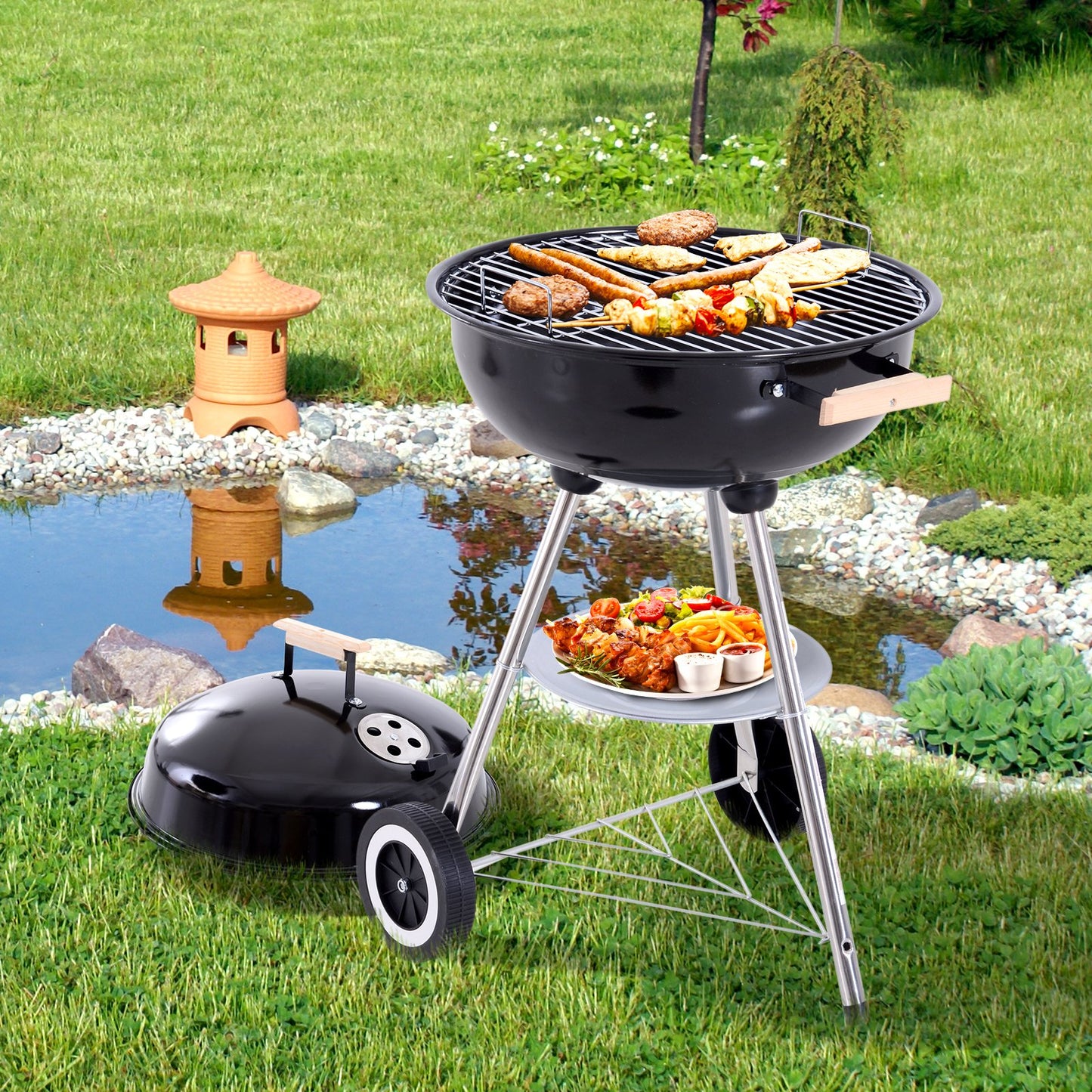 Outsunny BBQ Grill Charcoal Grill Portable Charcoal BBQ Round Kettle Grill Outdoor Heat Control Party Patio Barbecue