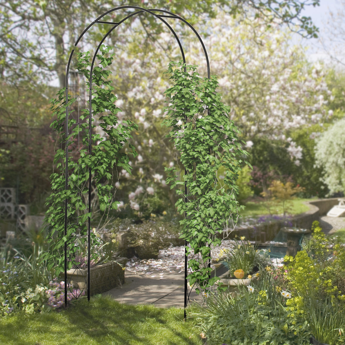 Matte Black Garden Arch | 2.3 m Steel Arbor Trellis with Curved Frame, Climbing Plant Supports, Hanging Basket Rails, Disc Feet & Ground Stakes