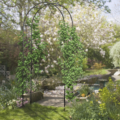 Matte Black Garden Arch | 2.3 m Steel Arbor Trellis with Curved Frame, Climbing Plant Supports, Hanging Basket Rails, Disc Feet & Ground Stakes