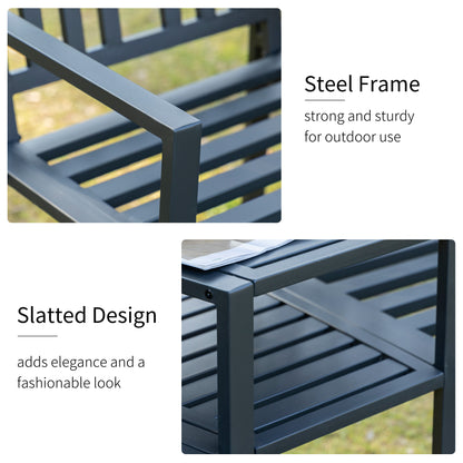 Outsunny Patio Tete-a-tete Chair 2 Seat Bench Middle Coffee Table w/ Umbrella Hole for Outdoors Decorative Slatted Design Steel Frame Black