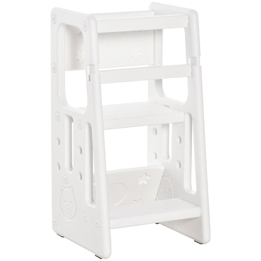 Kids Step Stool Adjustable Standing Platform Toddler Kitchen Stool -Standing Tower for Kids Kitchen Learning w/ Three Adjustable Heights, White