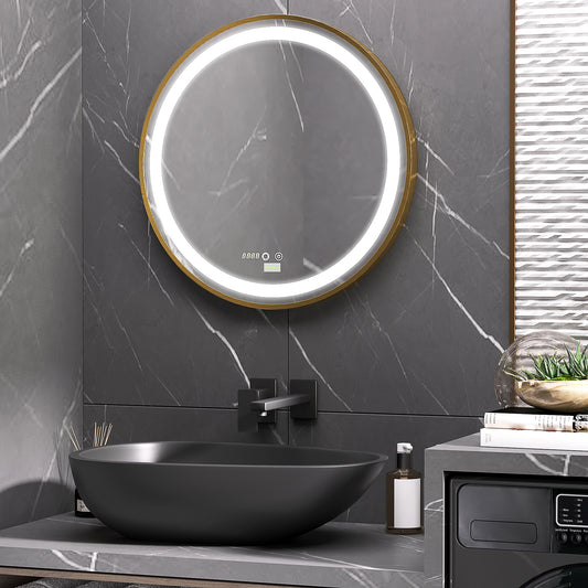 Kleankin Round Illuminated Bathroom Mirrors Dimmable LED Lighted Wall Mount Mirror w/ 3 Colours, Time Display, Memory Function, 60cm