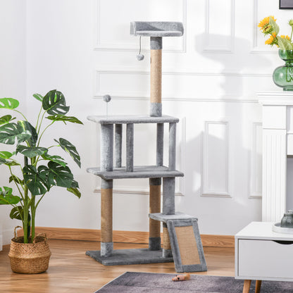 PawHut Cat Tree Tower 142cm Climbing Kitten Activity Centre with Jute Scratching Post  Board Perch Roomy Condo Removable Felt Hanging Toy, Grey