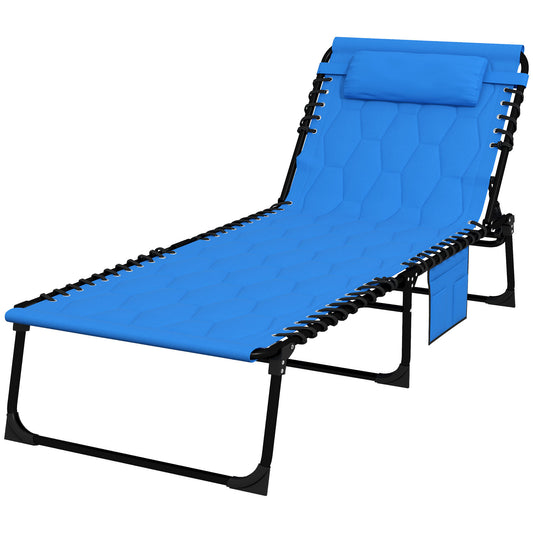Outsunny Foldable Sun Lounger With 5 Level Reclining Back Outdoor Tanning Chair With Side Pocket, Headrest - Blue
