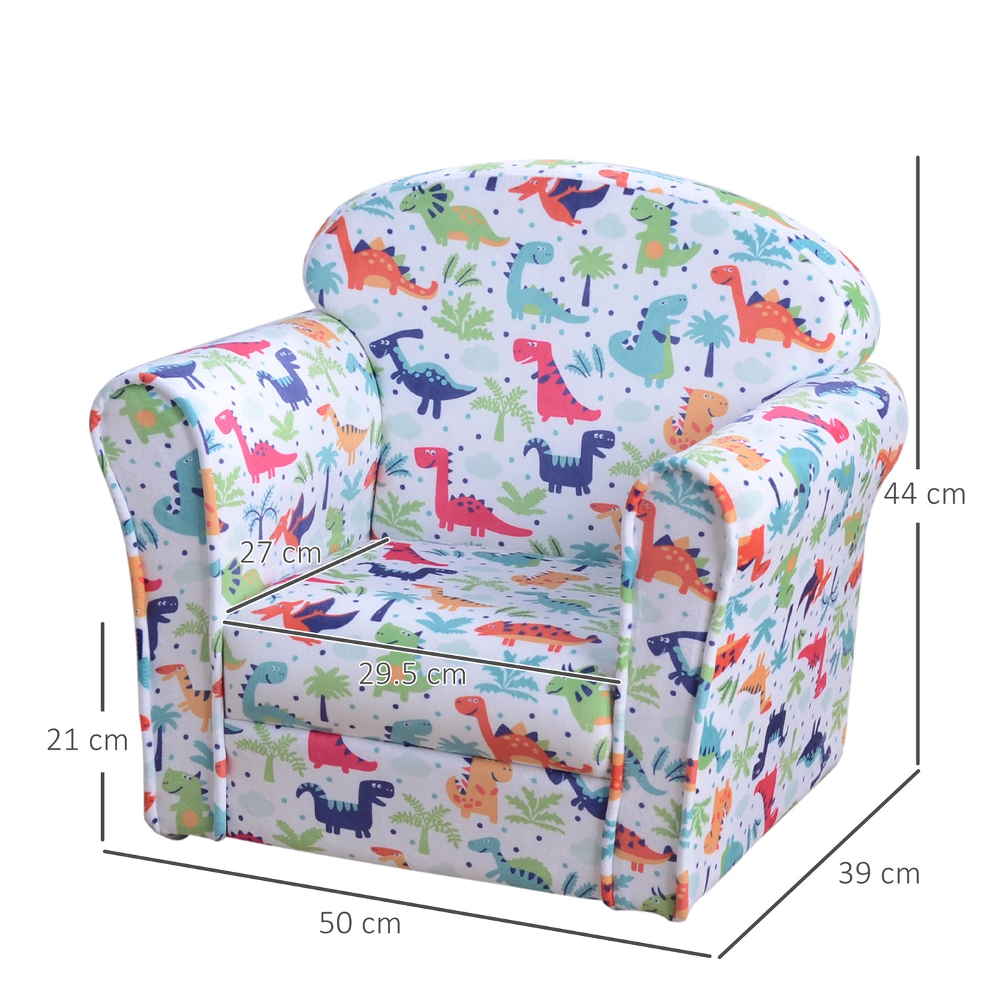 Children's Armchair Kids Sofa Tub Chair Seat Cartoon Dinosaur Pattern Bedroom Flannel Wooden Frame Non-slip Playroom Seater