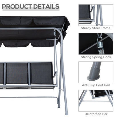 Outsunny 3 Seater Patio Swing Chair Garden Hammock Bench Rock Shelter Shade Metal Black