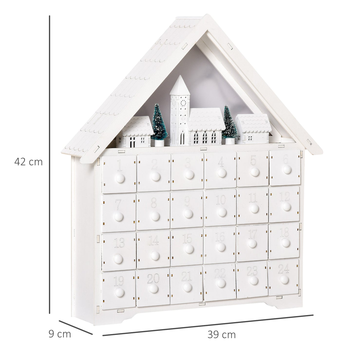 Christmas Advent Calendar, Light Up Table Wooden House Holiday Decoration With Countdown Drawer, Village, For kids Adults, White