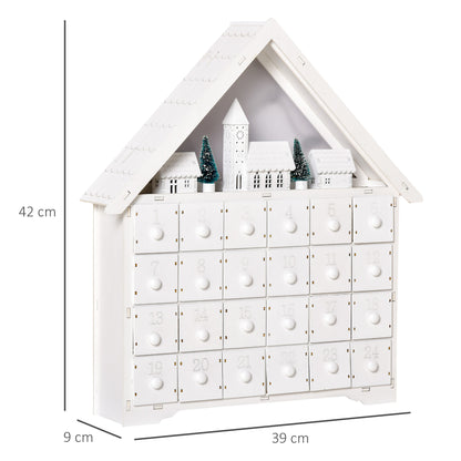 Christmas Advent Calendar, Light Up Table Wooden House Holiday Decoration With Countdown Drawer, Village, For kids Adults, White