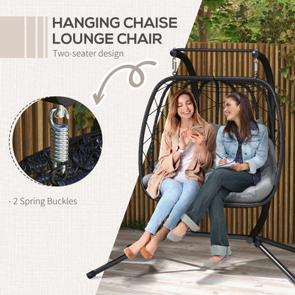 Outdoor PE Rattan Double-seater Swing Chair With Thick Padded Cushion, Patio Hanging For Two With Metal Stand  Headrest For Indoor and Outdoor, Black