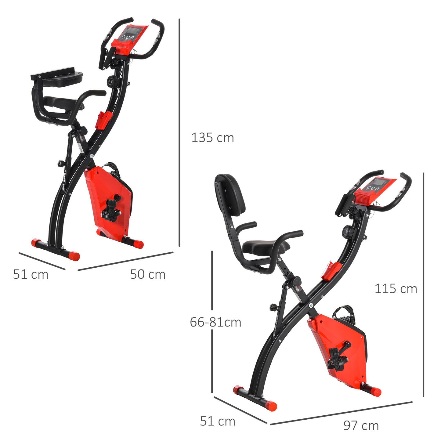 2-In-1 Upright Exercise Recumbent Bike Adjustable Resistance Stationary Fitness Home Gym Foldable w/ Armrests LCD Monitor Cycling Wheels Red