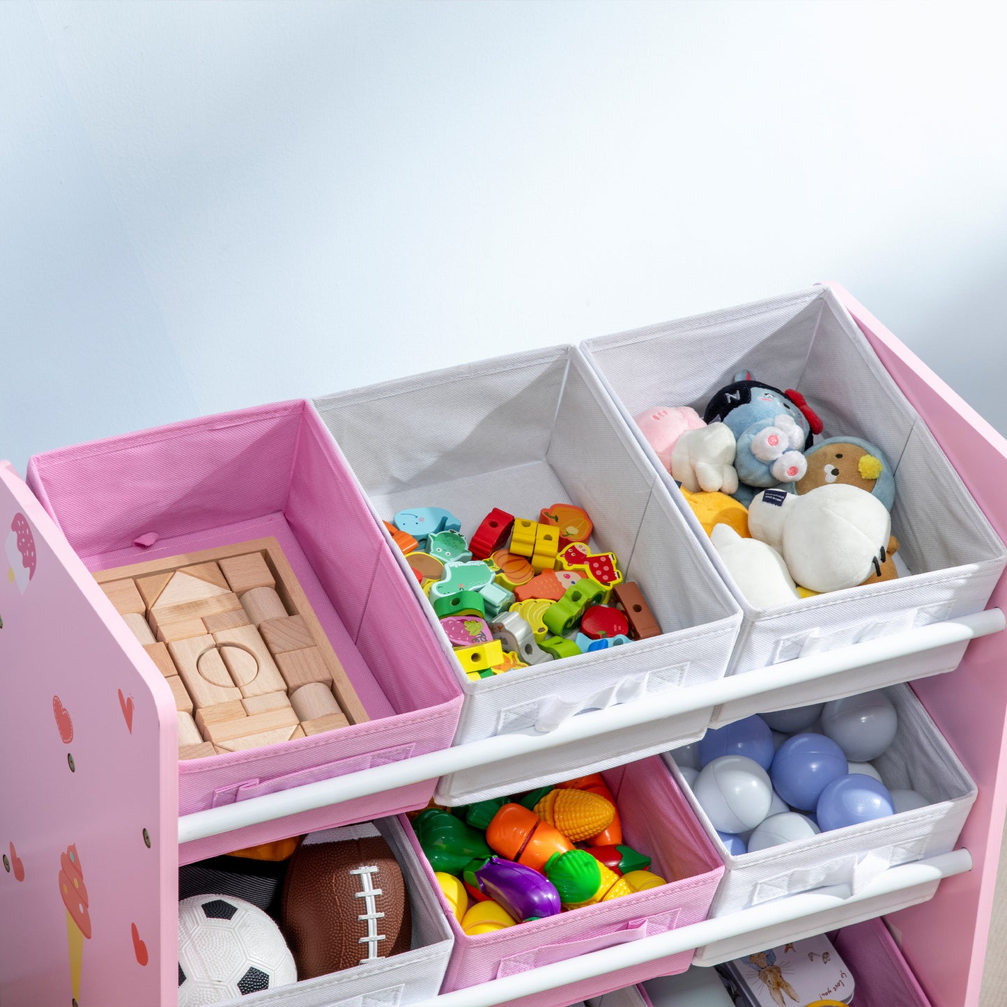 ZONEKIZ Kids Storage Unit with 9 Removable Storage Baskets, Toy Box Organiser with Shelf, Book Shelf for Nursery Playroom, Pink