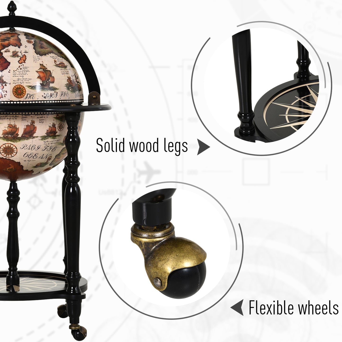 Unique Globe Drinks Cabinet Wood Frame 3 Compartments Bottles Glasses w/ Bottom Shelf 4 Wheels Elegant Antique Movable Safe Storage