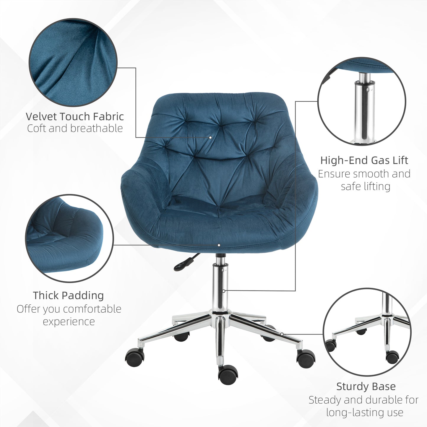 Velvet Office Chair | Button Tufted Curved Design | Padded Back & Armrests | 360° Swivel | 5 Wheels | Height Adjustable 44-54cm | 120kg | Blue