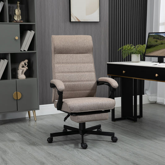 Vinsetto High-Back Home Office Chair, Linen Swivel Reclining With Adjustable Height, Footrest and Padded Armrest for Living Room, Study, Brown