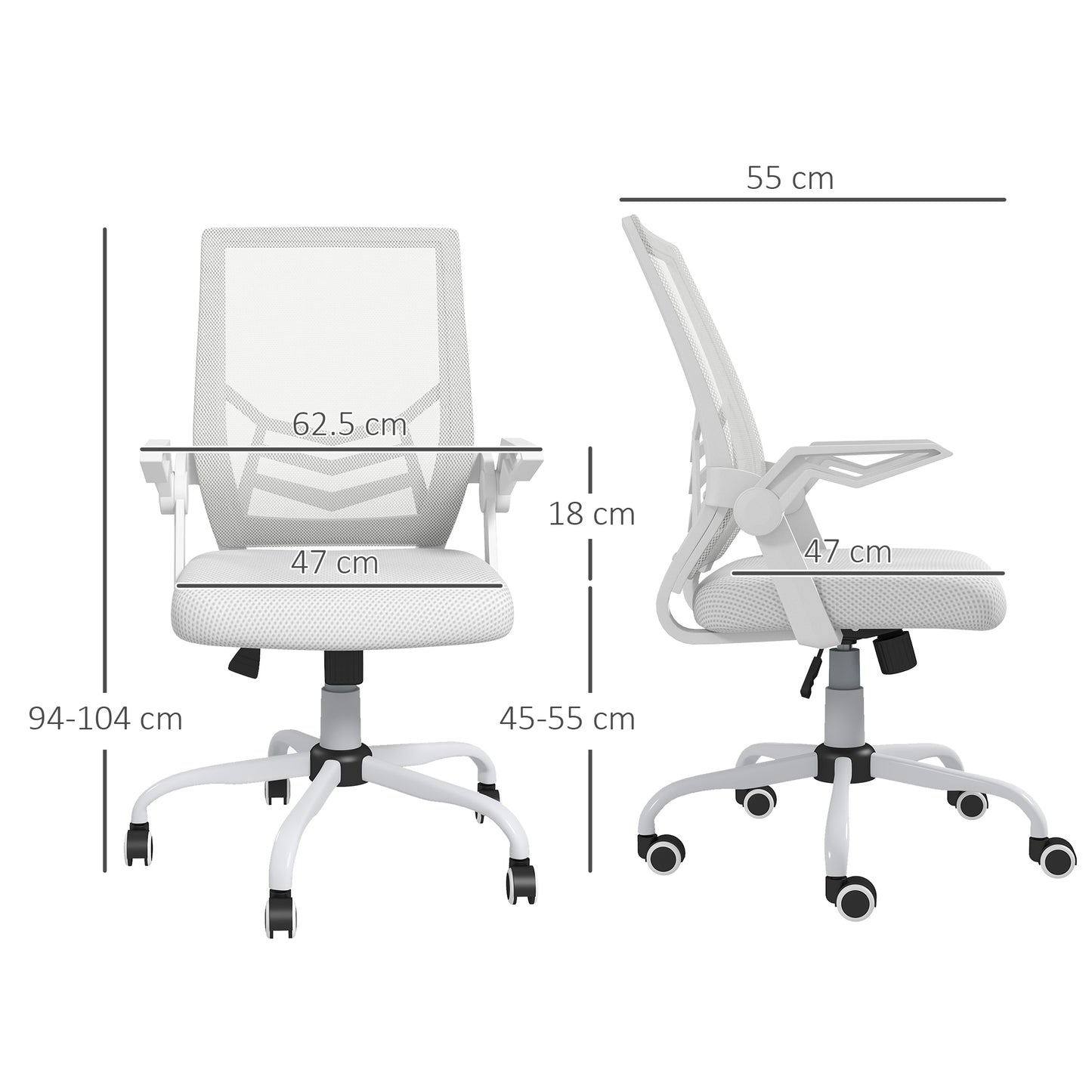 Mesh Office Chair | Flip-Up Armrests | Lumbar Support | Curved Back | Sponge Seat | Rocking Motion | 360° Swivel | 5 Wheels | Height Adjustable 45-55cm | 120kg | White