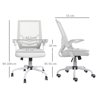 Mesh Office Chair | Flip-Up Armrests | Lumbar Support | Curved Back | Sponge Seat | Rocking Motion | 360° Swivel | 5 Wheels | Height Adjustable 45-55cm | 120kg | White