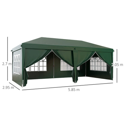 Outsunny 3 x 6m Garden Pop Up Gazebo Wedding Party Tent Marquee Water Resistant Awning Canopy With Sidewalls Windows - Green