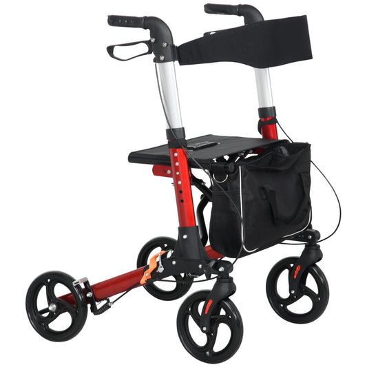 Folding Rollator With Seat & Backrest, Lightweight w/ Adjustable Handle Height, 4 Wheeled Walking Assist - Red
