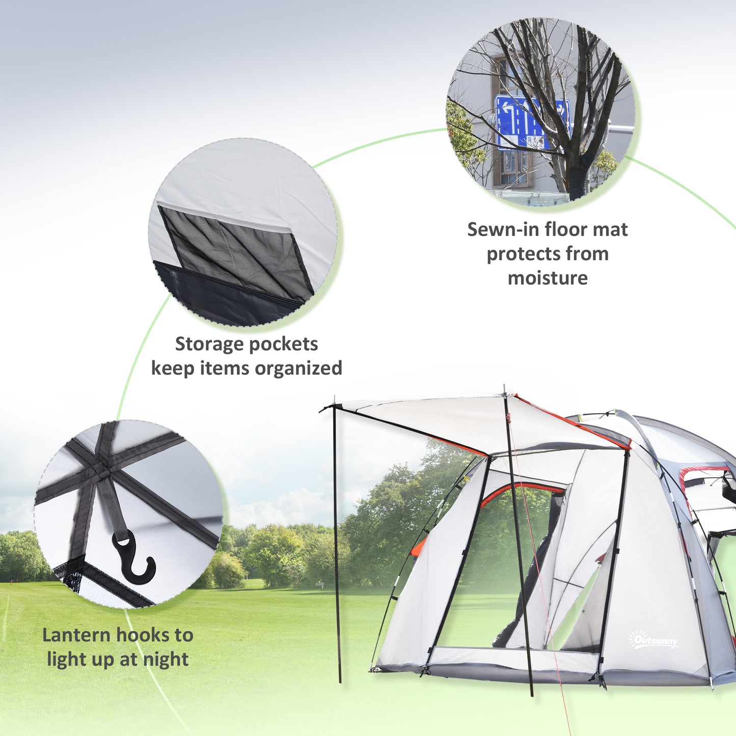 Outsunny 4-5 Man Outdoor Tunnel Tent, Two Room Camping Tent with Portable Mat, Sewn-In Floor Breathable Mesh Windows for Fishing, Festival, Hiking