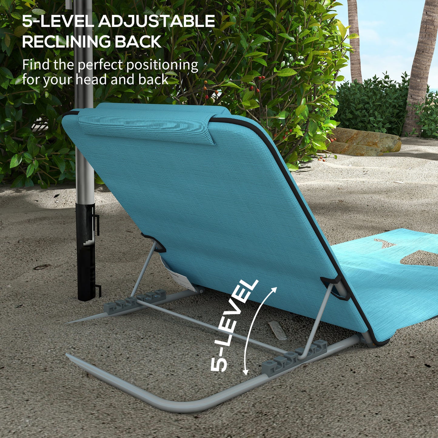 Outsunny Metal Frame PE Fabric 2 Pieces Outdoor Beach Reclining Chair Set w/ Pillow Light Blue