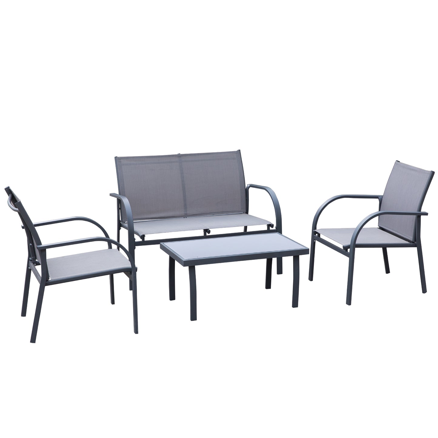 Outsunny 4 Piece Curved Steel Patio Furniture Set w/ Loveseat, Texteline Seats, Glass Top Table For Party Event, Grey