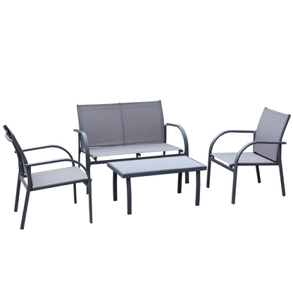 Outsunny 4 Piece Curved Steel Patio Furniture Set w/ Loveseat, Texteline Seats, Glass Top Table For Party Event, Grey