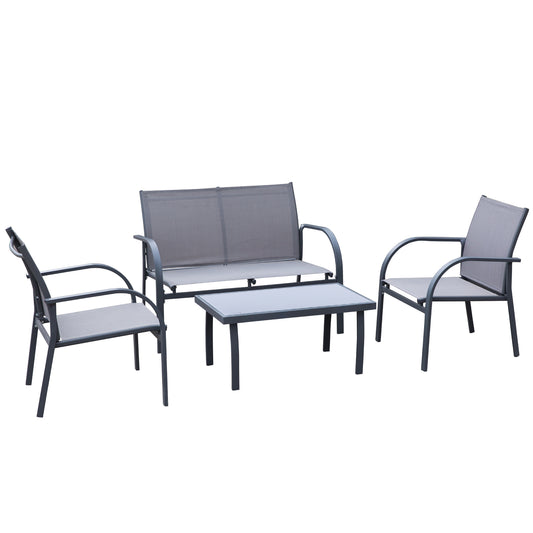 Outsunny 4 Piece Curved Steel Patio Furniture Set w/ Loveseat, Texteline Seats, Glass Top Table For Party Event, Grey