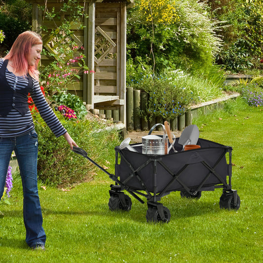 Outdoor Folding Garden Trolley on Wheels, Camping Cargo Wagon Cart Trailer w/ Handle, Wheels for Beach Garden, Black