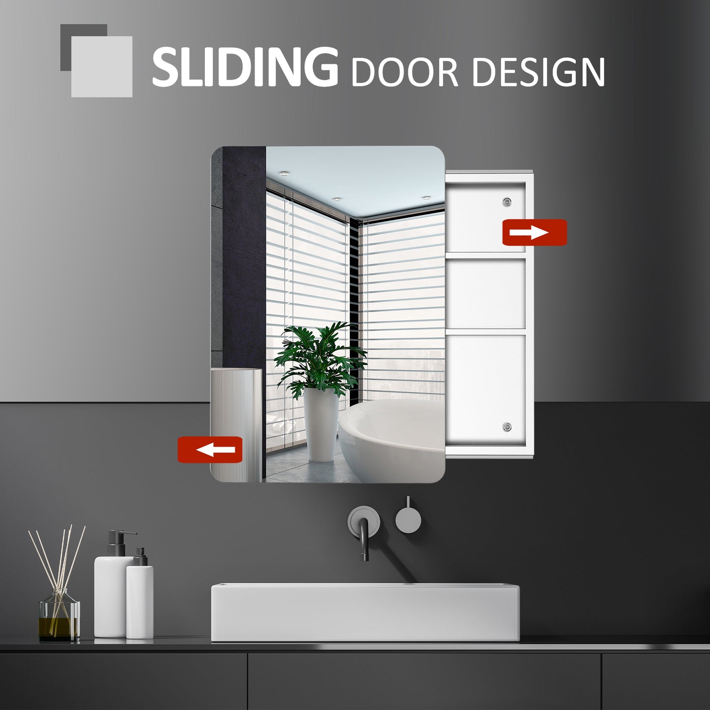 Kleankin On-Wall Mounted Bathroom Storage Cabinet w/Sliding Mirror Door 3 Shelves Stainless Steel Frame