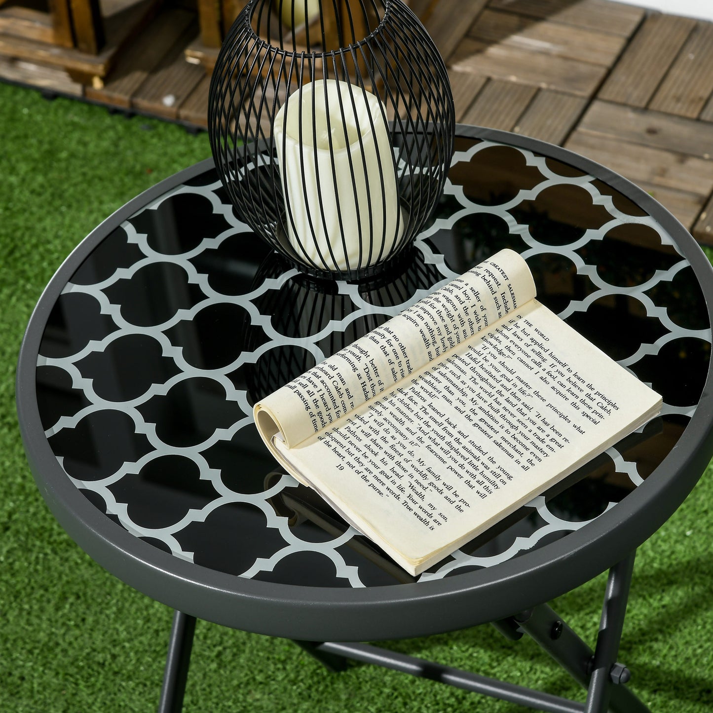 Outsunny Φ45cm Outdoor Side Table, Round Folding Patio Table with Imitation Marble Glass Top, Small Coffee Table, Black