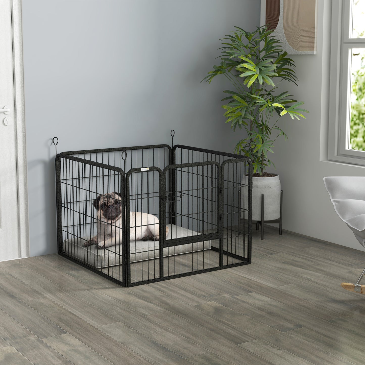 Pet Playpen | 4 Heavy-Duty Metal Panels | Lockable Step-Through Door | Ground Stakes | Foldable | Indoor & Outdoor | 82 x 82 x 60cm | Grey